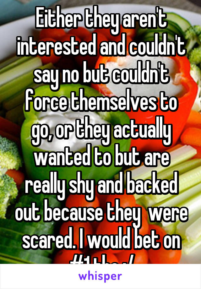 Either they aren't interested and couldn't say no but couldn't force themselves to go, or they actually wanted to but are really shy and backed out because they  were scared. I would bet on #1 tho :/