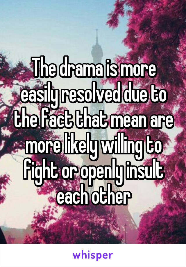 The drama is more easily resolved due to the fact that mean are more likely willing to fight or openly insult each other