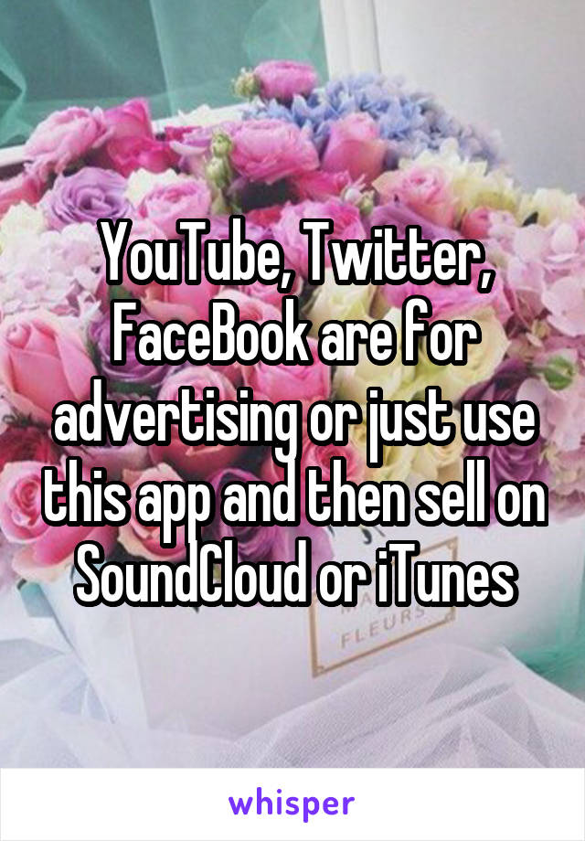 YouTube, Twitter, FaceBook are for advertising or just use this app and then sell on SoundCloud or iTunes