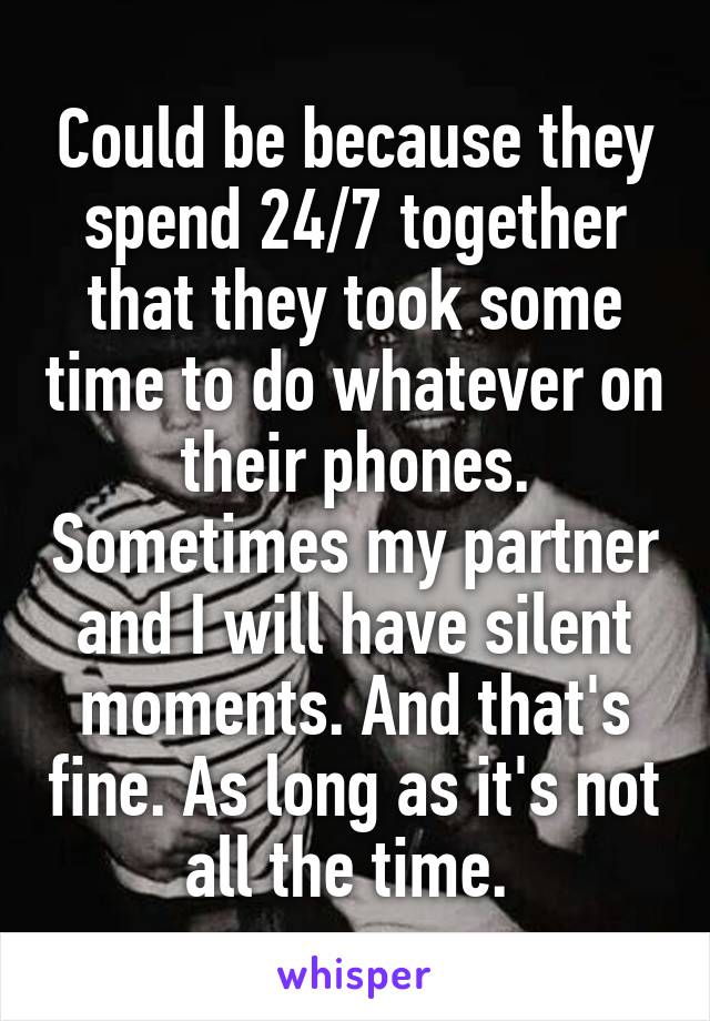 Could be because they spend 24/7 together that they took some time to do whatever on their phones. Sometimes my partner and I will have silent moments. And that's fine. As long as it's not all the time. 