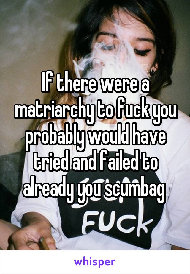 If there were a matriarchy to fuck you probably would have tried and failed to already you scumbag 