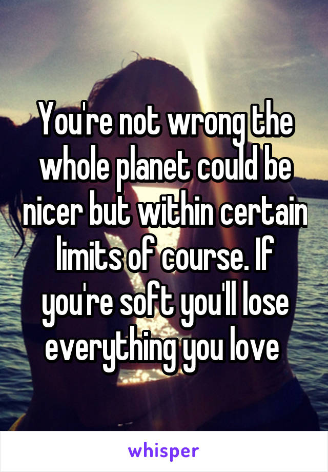 You're not wrong the whole planet could be nicer but within certain limits of course. If you're soft you'll lose everything you love 