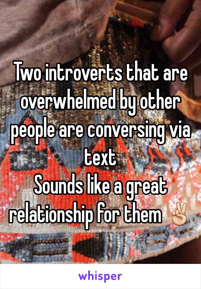 Two introverts that are overwhelmed by other people are conversing via text
Sounds like a great relationship for them ✌️