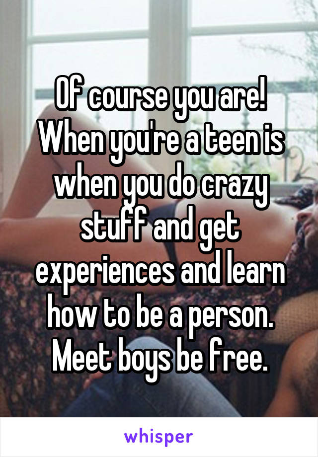 Of course you are! When you're a teen is when you do crazy stuff and get experiences and learn how to be a person. Meet boys be free.