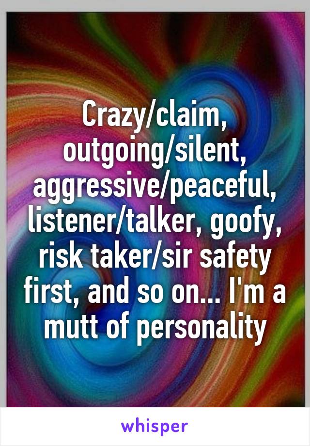 Crazy/claim, outgoing/silent, aggressive/peaceful, listener/talker, goofy, risk taker/sir safety first, and so on... I'm a mutt of personality