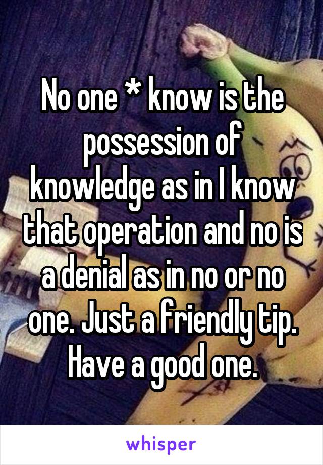 No one * know is the possession of knowledge as in I know that operation and no is a denial as in no or no one. Just a friendly tip. Have a good one.