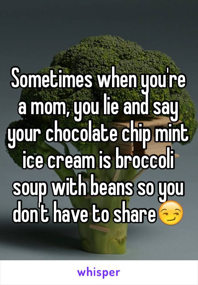 Sometimes when you're a mom, you lie and say your chocolate chip mint ice cream is broccoli soup with beans so you don't have to share😏