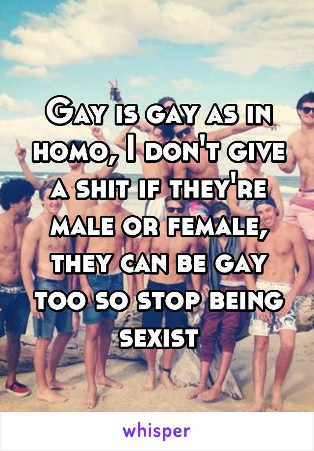 Gay is gay as in homo, I don't give a shit if they're male or female, they can be gay too so stop being sexist