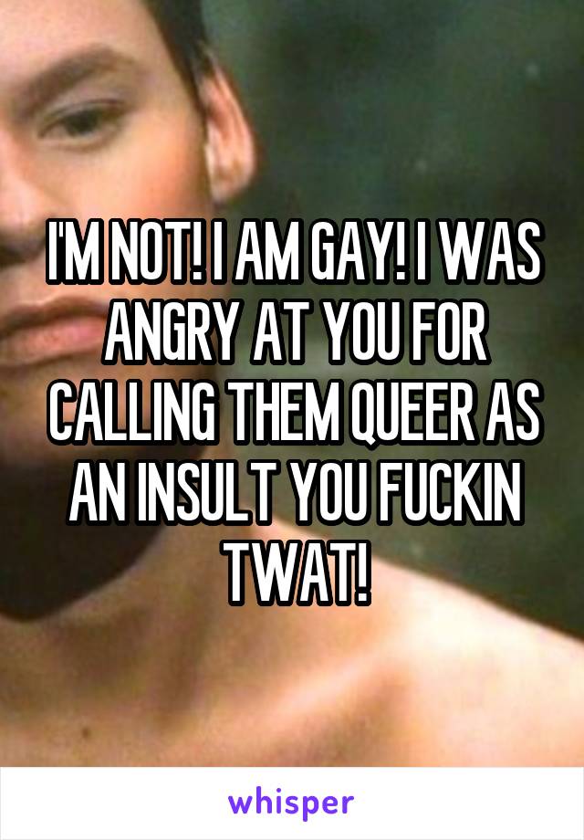 I'M NOT! I AM GAY! I WAS ANGRY AT YOU FOR CALLING THEM QUEER AS AN INSULT YOU FUCKIN TWAT!