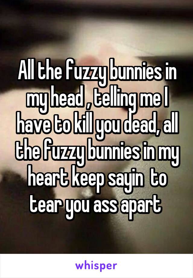 All the fuzzy bunnies in my head , telling me I have to kill you dead, all the fuzzy bunnies in my heart keep sayin  to tear you ass apart 