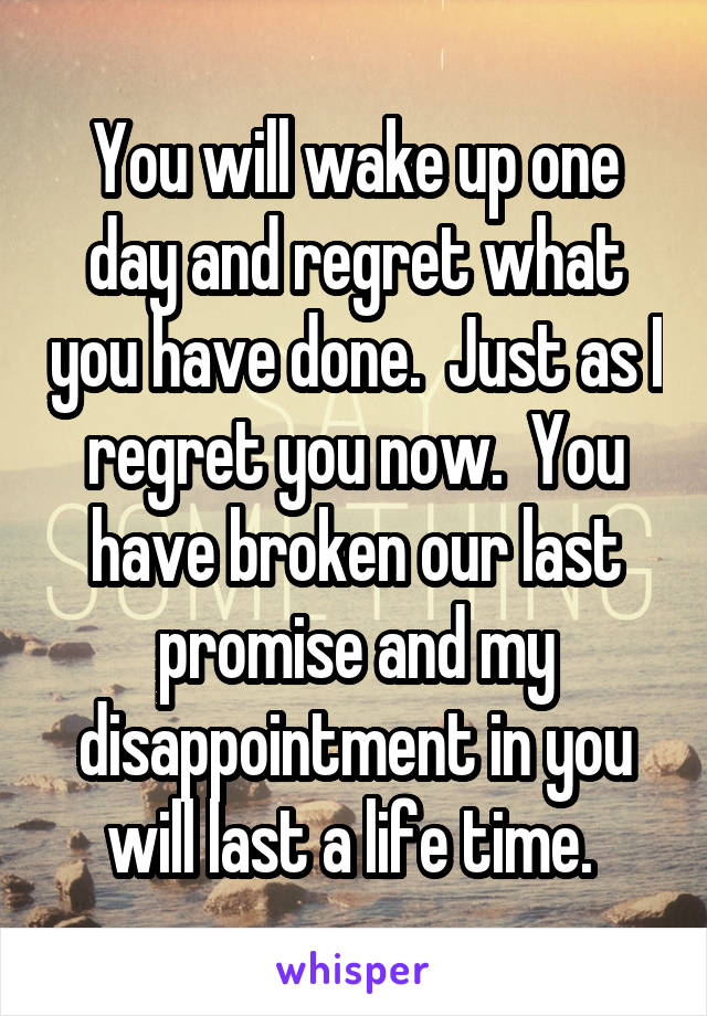 You will wake up one day and regret what you have done.  Just as I regret you now.  You have broken our last promise and my disappointment in you will last a life time. 