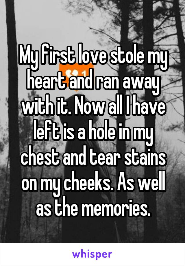 My first love stole my heart and ran away with it. Now all I have left is a hole in my chest and tear stains on my cheeks. As well as the memories.