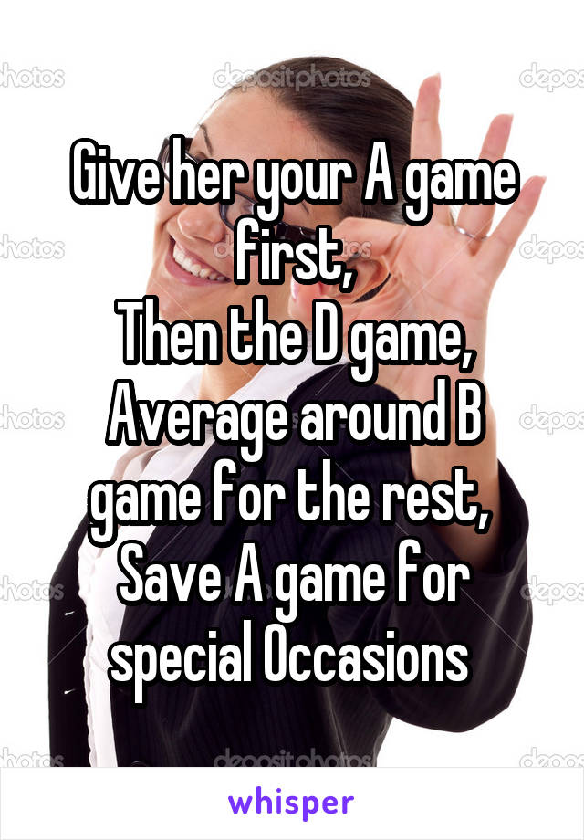 Give her your A game first,
Then the D game,
Average around B game for the rest, 
Save A game for special Occasions 