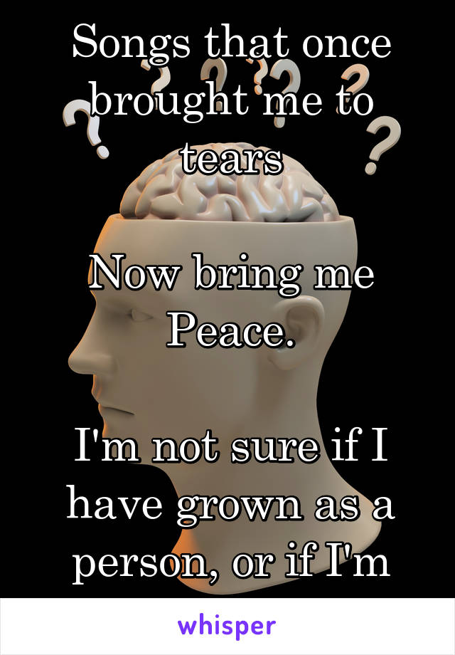 Songs that once brought me to tears

Now bring me Peace.

I'm not sure if I have grown as a person, or if I'm just callous now....