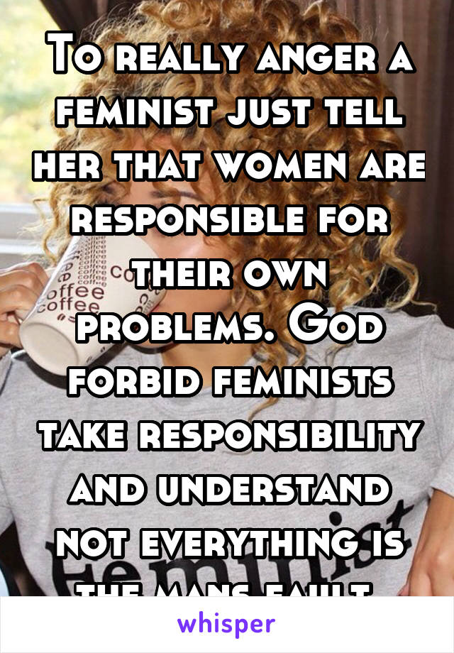 To really anger a feminist just tell her that women are responsible for their own problems. God forbid feminists take responsibility and understand not everything is the mans fault 