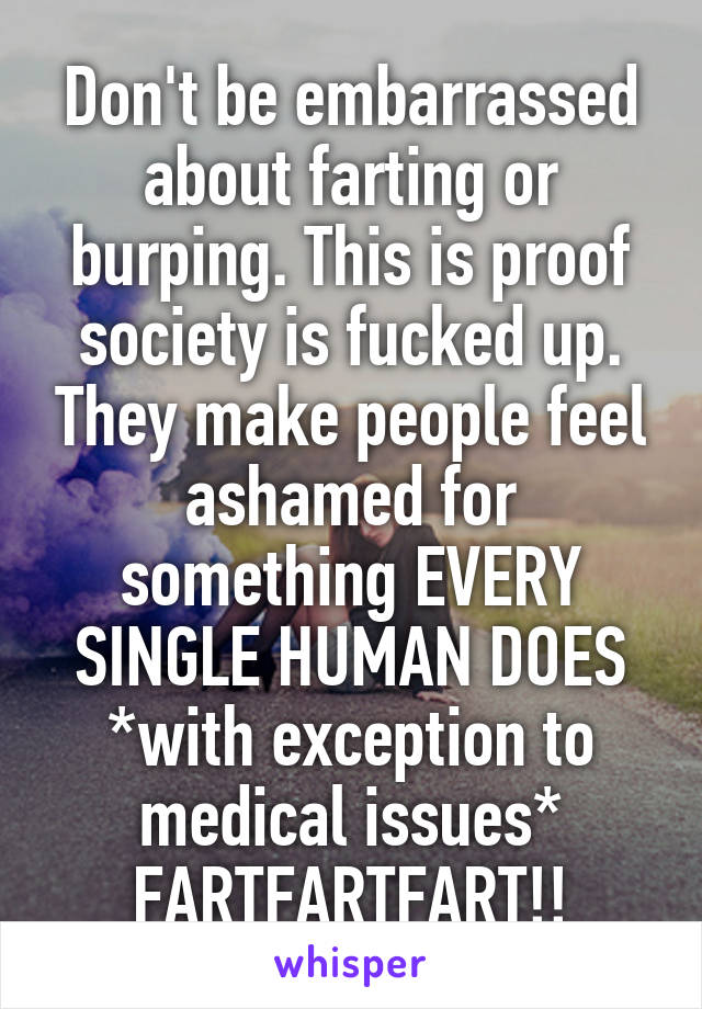 Don't be embarrassed about farting or burping. This is proof society is fucked up. They make people feel ashamed for something EVERY SINGLE HUMAN DOES *with exception to medical issues*
FARTFARTFART!!