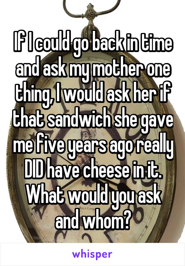 If I could go back in time and ask my mother one thing, I would ask her if that sandwich she gave me five years ago really DID have cheese in it. What would you ask and whom?