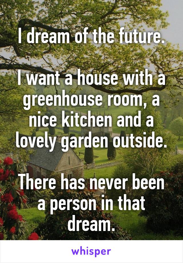 I dream of the future.

I want a house with a greenhouse room, a nice kitchen and a lovely garden outside.

There has never been a person in that dream.