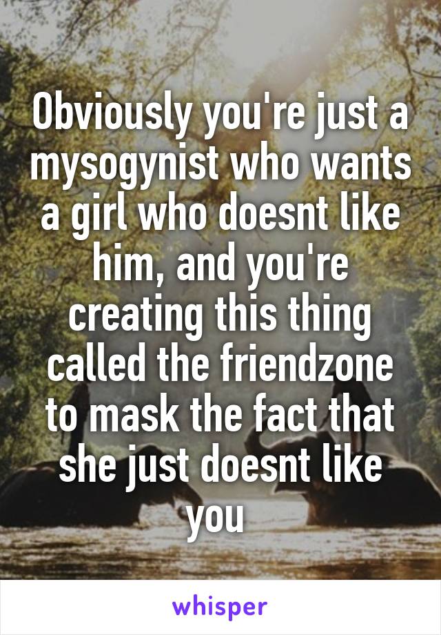 Obviously you're just a mysogynist who wants a girl who doesnt like him, and you're creating this thing called the friendzone to mask the fact that she just doesnt like you 