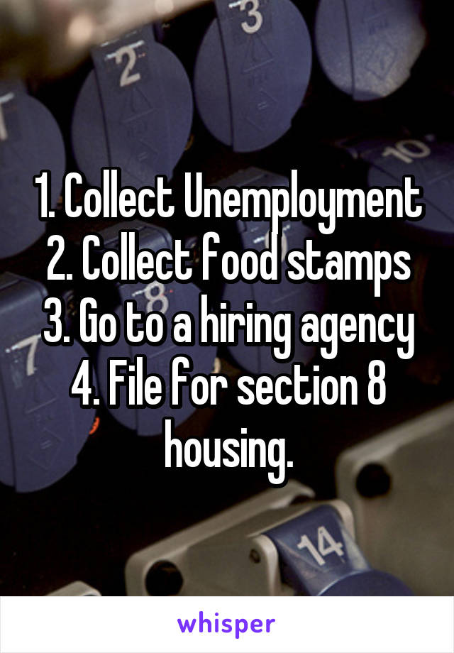 1. Collect Unemployment
2. Collect food stamps
3. Go to a hiring agency
4. File for section 8 housing.