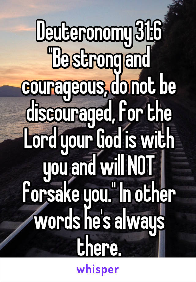 Deuteronomy 31:6
"Be strong and courageous, do not be discouraged, for the Lord your God is with you and will NOT forsake you." In other words he's always there.