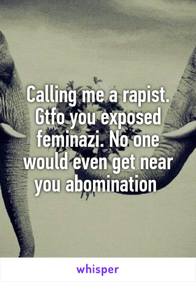 Calling me a rapist. Gtfo you exposed feminazi. No one would even get near you abomination 