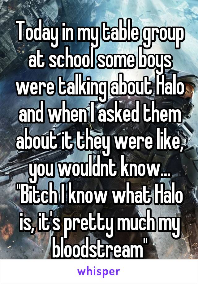 Today in my table group at school some boys were talking about Halo and when I asked them about it they were like, you wouldnt know... "Bitch I know what Halo is, it's pretty much my bloodstream"