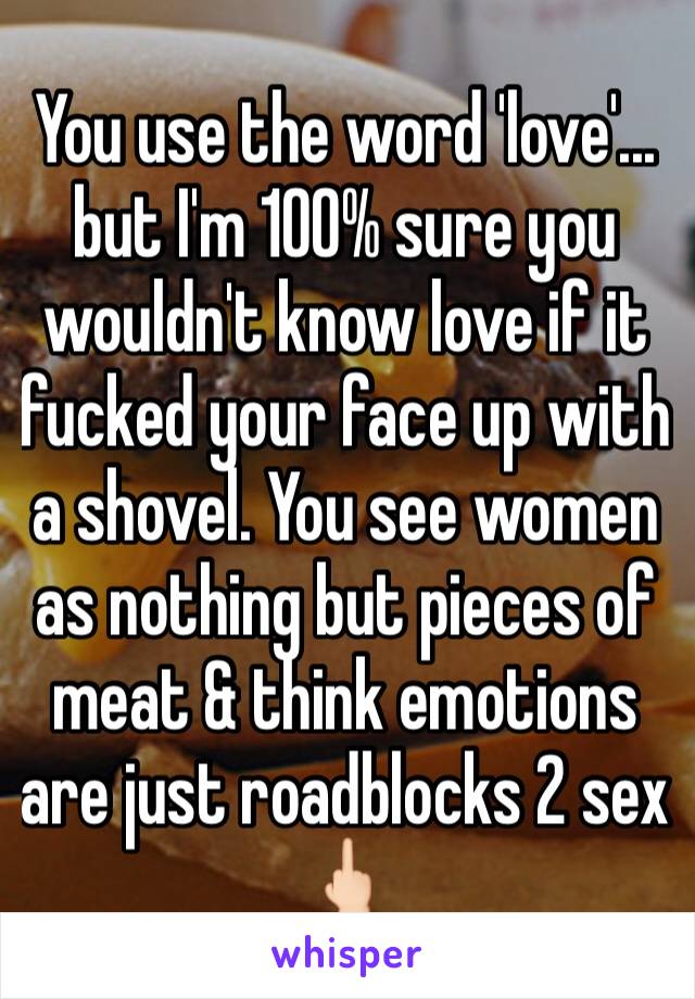 You use the word 'love'... but I'm 100% sure you wouldn't know love if it fucked your face up with a shovel. You see women as nothing but pieces of meat & think emotions are just roadblocks 2 sex 🖕🏻