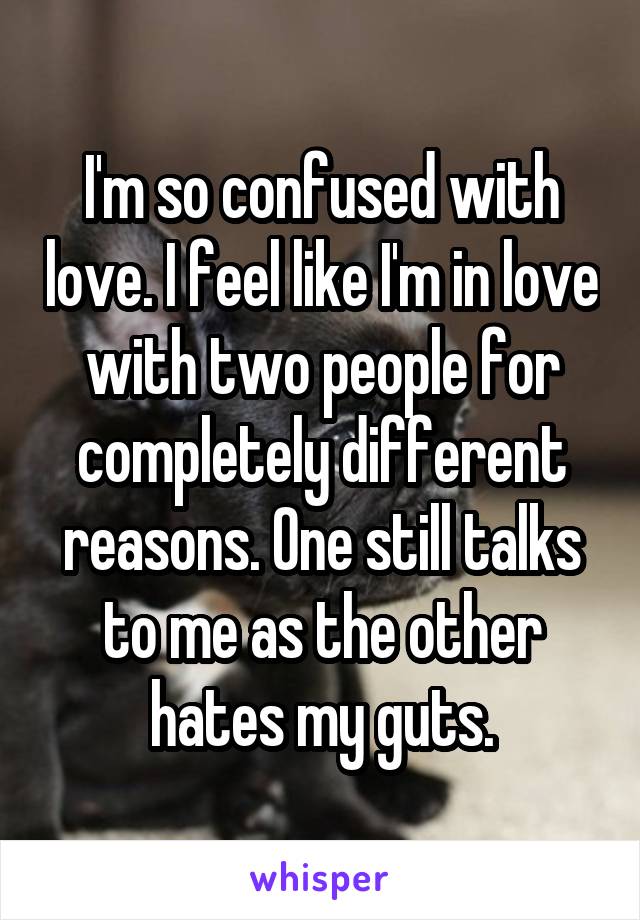 I'm so confused with love. I feel like I'm in love with two people for completely different reasons. One still talks to me as the other hates my guts.