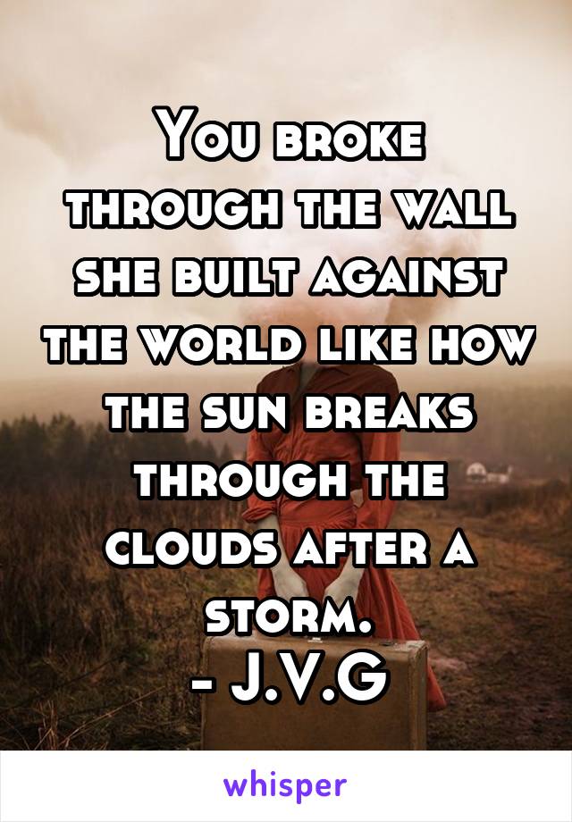 You broke through the wall she built against the world like how the sun breaks through the clouds after a storm.
- J.V.G