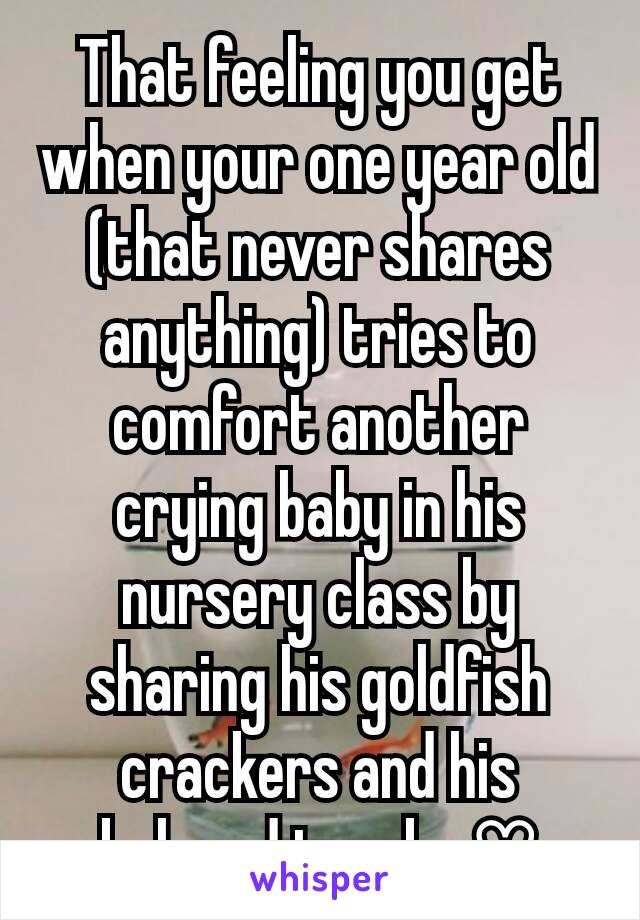 That feeling you get when your one year old (that never shares anything) tries to comfort another crying baby in his nursery class by sharing his goldfish crackers and his beloved trucks ♡