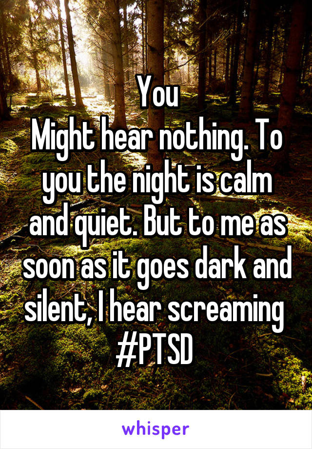 You
Might hear nothing. To you the night is calm and quiet. But to me as soon as it goes dark and silent, I hear screaming 
#PTSD 