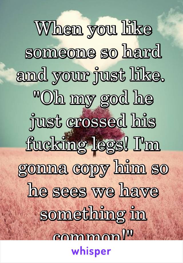 When you like someone so hard and your just like. 
"Oh my god he just crossed his fucking legs! I'm gonna copy him so he sees we have something in common!"