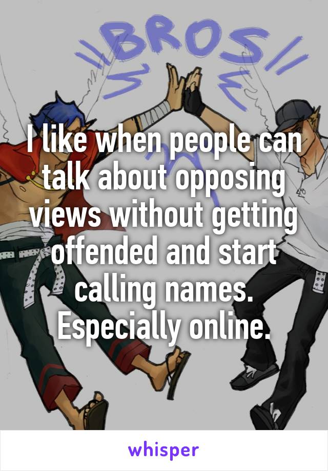 I like when people can talk about opposing views without getting offended and start calling names. Especially online.