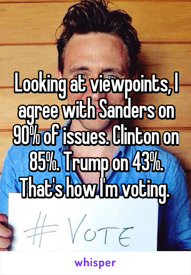 Looking at viewpoints, I agree with Sanders on 90% of issues. Clinton on 85%. Trump on 43%. That's how I'm voting. 