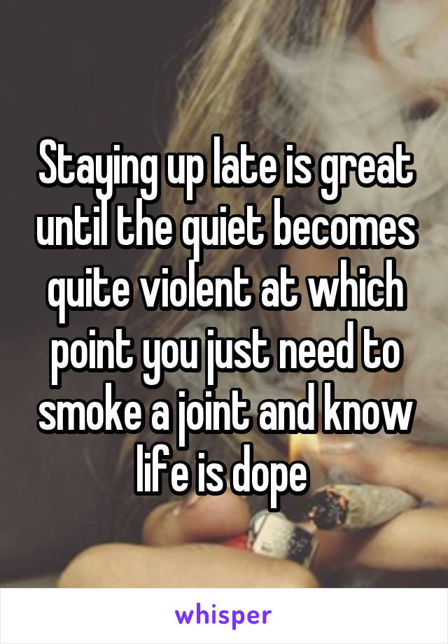 Staying up late is great until the quiet becomes quite violent at which point you just need to smoke a joint and know life is dope 