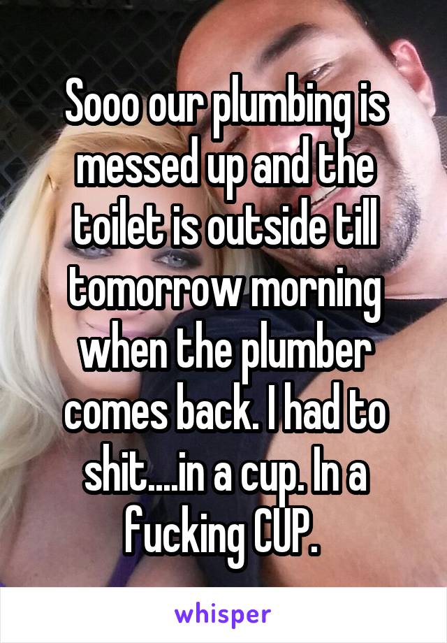 Sooo our plumbing is messed up and the toilet is outside till tomorrow morning when the plumber comes back. I had to shit....in a cup. In a fucking CUP. 