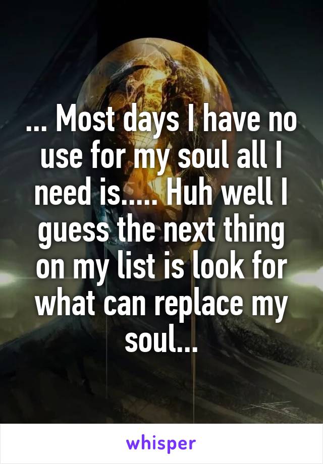 ... Most days I have no use for my soul all I need is..... Huh well I guess the next thing on my list is look for what can replace my soul...