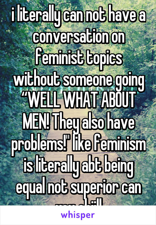 i literally can not have a conversation on feminist topics without someone going “WELL WHAT ABOUT MEN! They also have problems!" like feminism is literally abt being equal not superior can you chiill