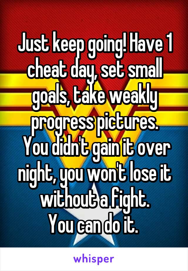 Just keep going! Have 1 cheat day, set small goals, take weakly progress pictures.
 You didn't gain it over night, you won't lose it without a fight.
You can do it. 