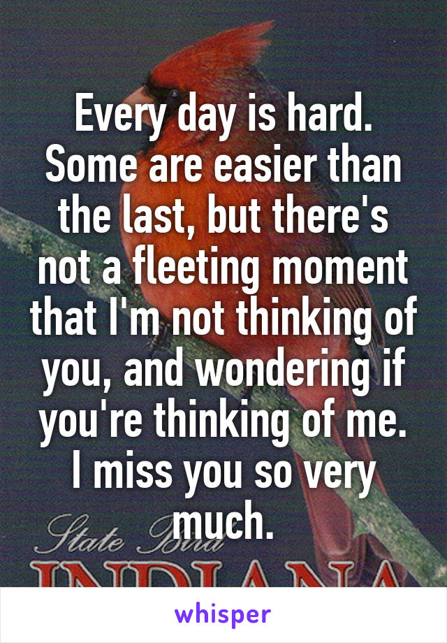 Every day is hard. Some are easier than the last, but there's not a fleeting moment that I'm not thinking of you, and wondering if you're thinking of me.
I miss you so very much.