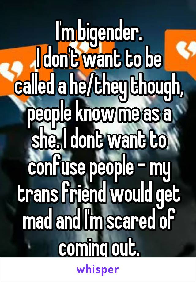 I'm bigender.
I don't want to be called a he/they though, people know me as a she. I dont want to confuse people - my trans friend would get mad and I'm scared of coming out.