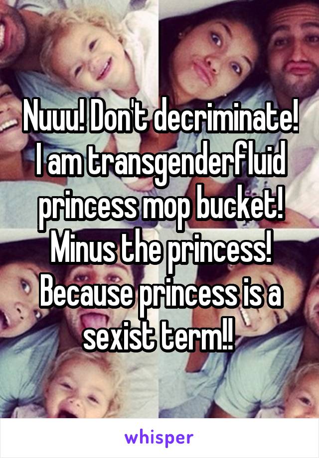 Nuuu! Don't decriminate! I am transgenderfluid princess mop bucket! Minus the princess! Because princess is a sexist term!! 