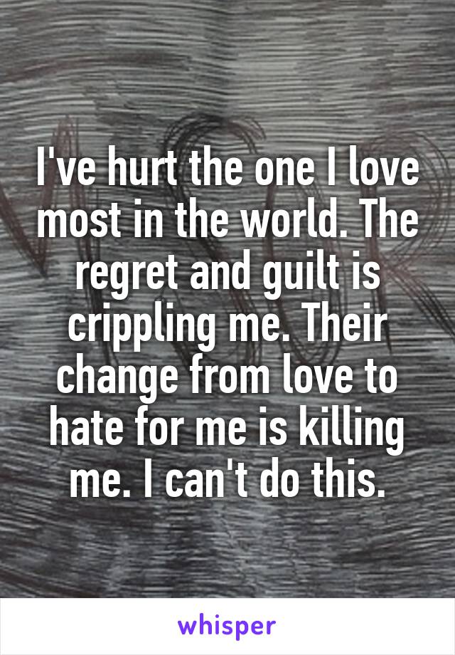 I've hurt the one I love most in the world. The regret and guilt is crippling me. Their change from love to hate for me is killing me. I can't do this.