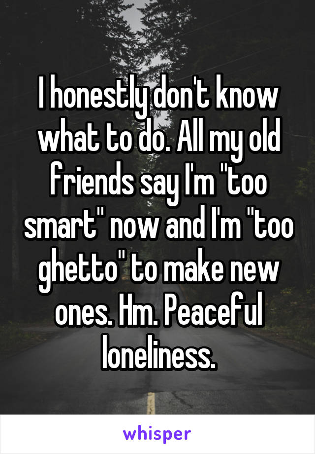 I honestly don't know what to do. All my old friends say I'm "too smart" now and I'm "too ghetto" to make new ones. Hm. Peaceful loneliness.