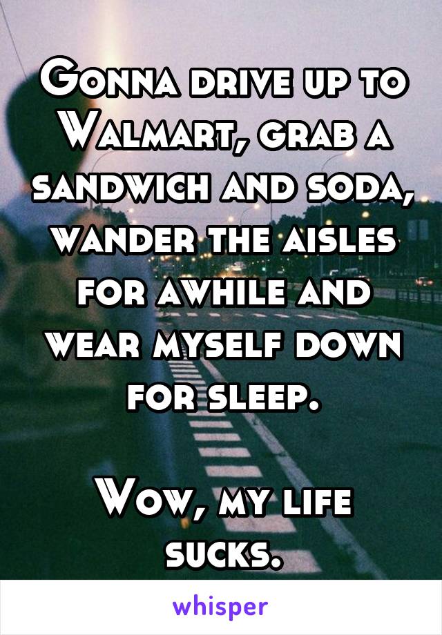 Gonna drive up to Walmart, grab a sandwich and soda, wander the aisles for awhile and wear myself down for sleep.

Wow, my life sucks.