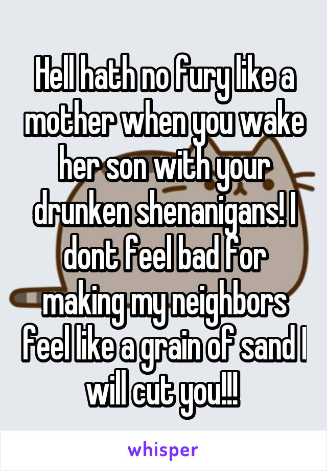 Hell hath no fury like a mother when you wake her son with your drunken shenanigans! I dont feel bad for making my neighbors feel like a grain of sand I will cut you!!! 