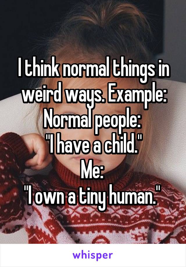 I think normal things in weird ways. Example: Normal people: 
"I have a child."
Me: 
"I own a tiny human." 
