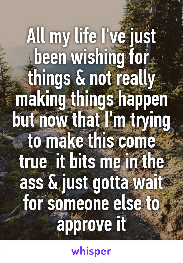 All my life I've just been wishing for things & not really making things happen but now that I'm trying to make this come true  it bits me in the ass & just gotta wait for someone else to approve it