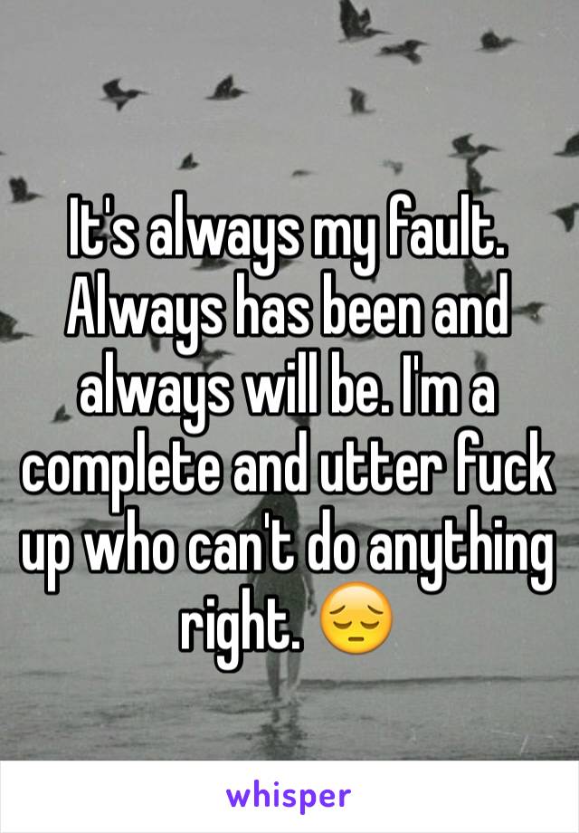 It's always my fault. Always has been and always will be. I'm a complete and utter fuck up who can't do anything right. 😔